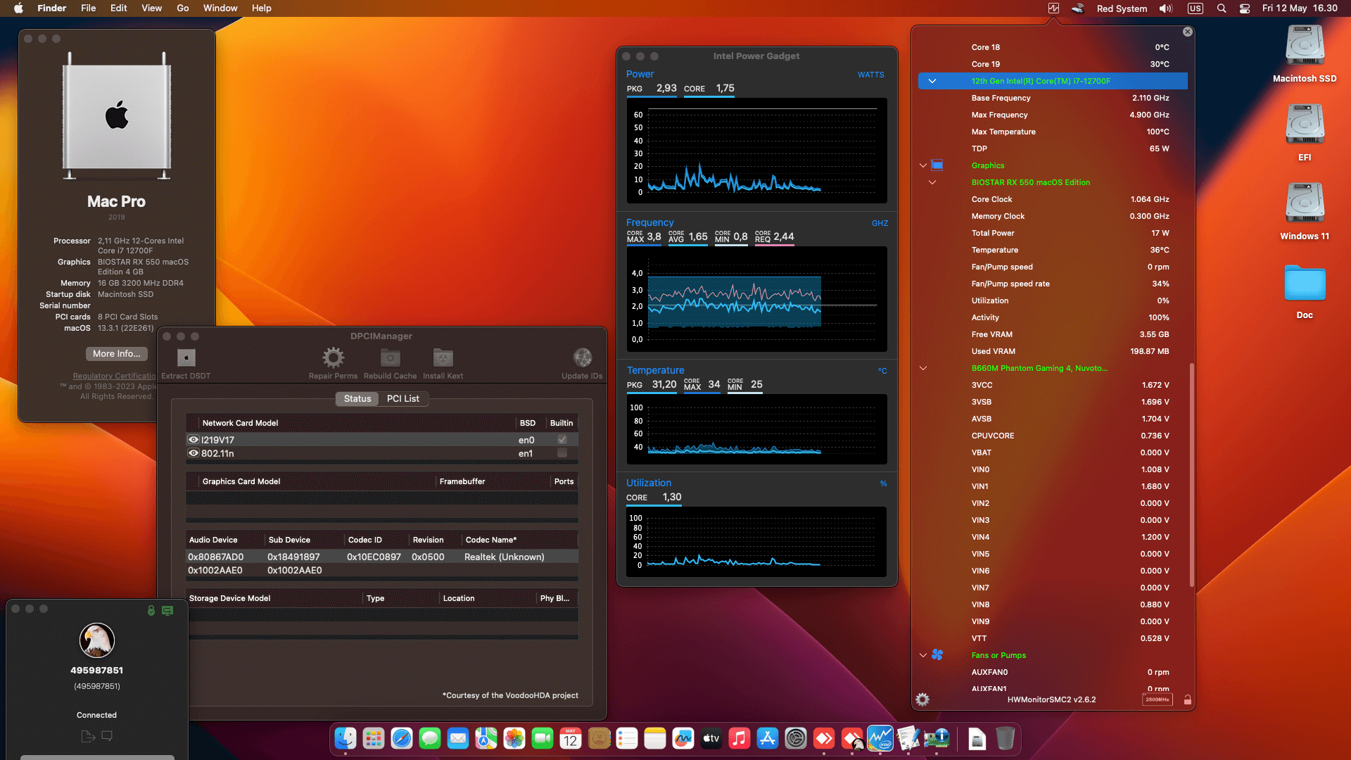 Success Hackintosh macOS Ventura 13.3.1 Build 21E261 in Asrock B660M Phantom Gaming 4 + Intel Core i7 12700F + Biostar RX 550